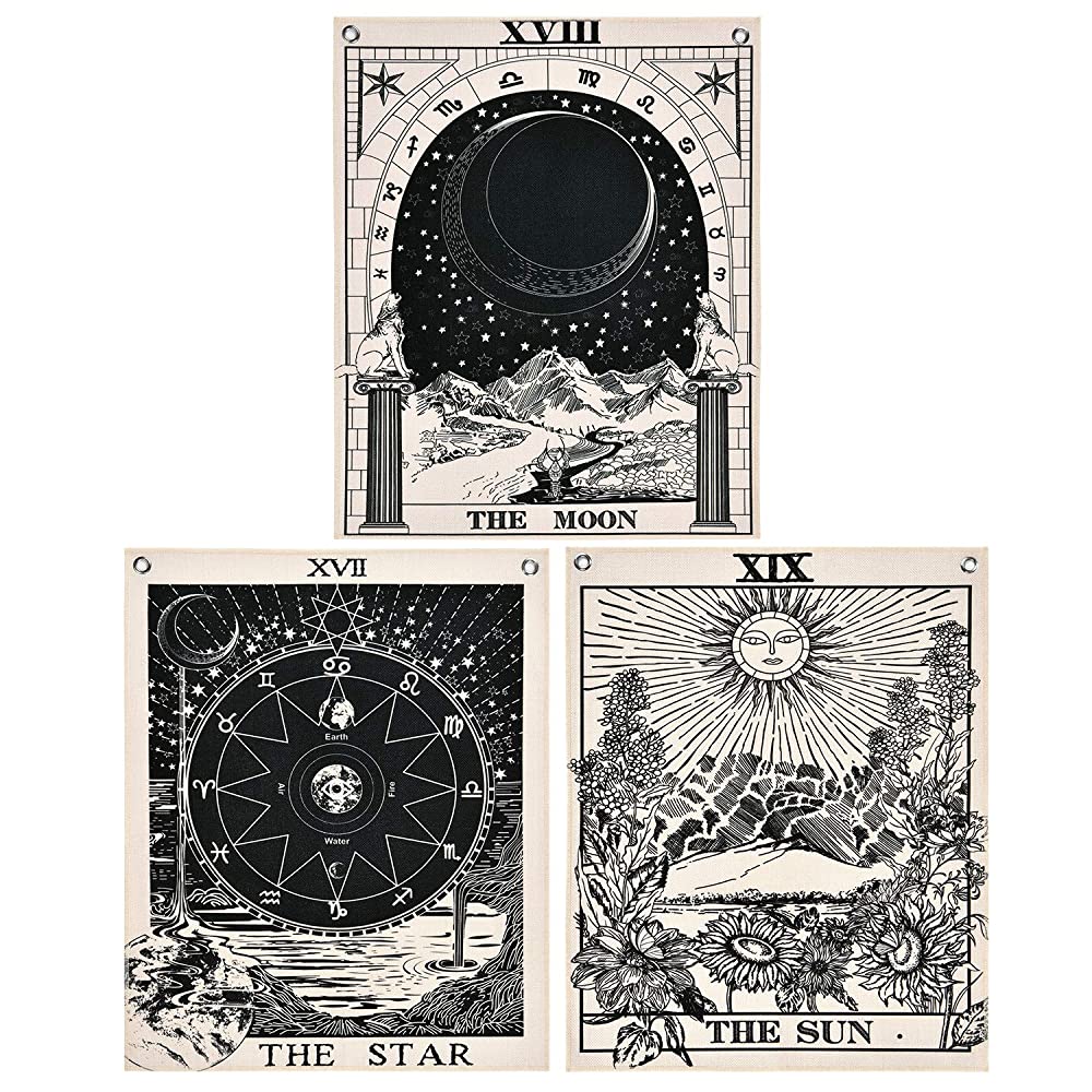 the image displays three black and white tapestries featuring celestial and tarotinspired designs. each tapestry has a distinct image: the top tapestry showcases a crescent moon within an archway adorned with astrological symbols; the bottom left tapestry features a circular diagram symbolizing the elements and zodiac signs; the bottom right tapestry displays a radiant sun rising behind a mountain, surrounded by flowers.