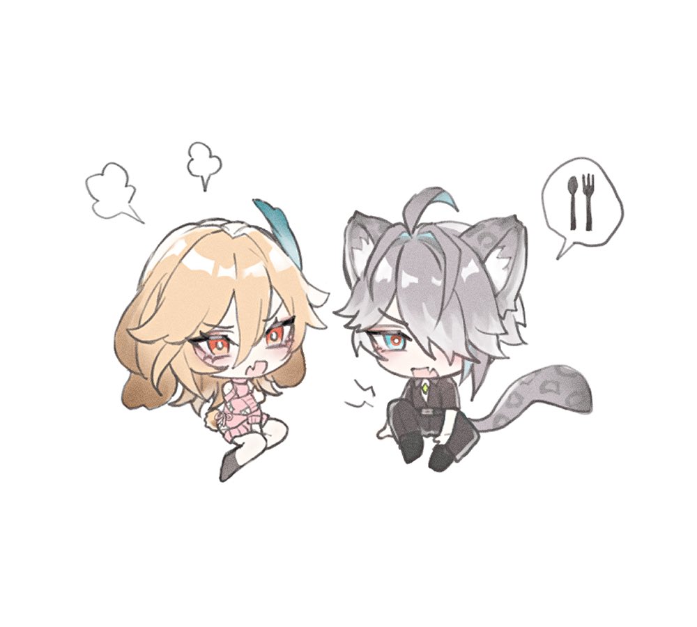 this image features a digital illustration of two anime characters drawn in a chibi style, with cute, exaggerated features. one character is a girl with blonde hair, wearing a pink dress with blue accents, with red eyes, while the other is a boy with grey hair, wearing a black suit with a white shirt and a dark tie. both characters have cat ears, emphasizing their animalistic nature.  the boy has a surprised expression while the girl has a more grumpy face, implying a possible playful dynamic between them. they are drawn on a white background, making their vibrant colors stand out. the girl's hair is flowing behind her, adding a sense of movement to the image.