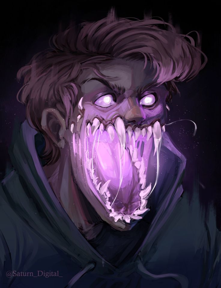 a digital illustration of a man with glowing purple eyes and a monstrously large open mouth filled with sharp teeth. he is wearing a grey hooded sweater. the background is dark with some purple hues and sparkles. the image appears to be inspired by horror and scifi concepts.