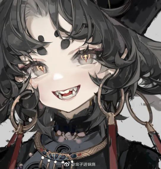 a digital art portrait of a young woman or girl with stylized anime features. she has large, captivating eyes with intricate details, and a mischievous grin revealing sharp fangs. her hair is a mix of black and gray, styled in a messy fashion with several strands falling loosely. she wears elaborate earrings and a choker with intricate designs, hinting at a fantasy setting. the overall color palette leans towards a dark, muted tone with accents of red and gold.
