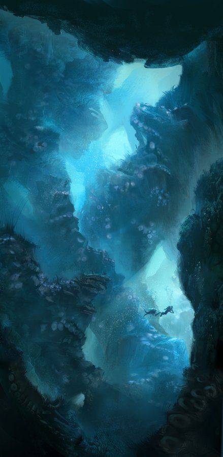 an illustration depicts two scuba divers exploring a deep underwater cavern, possibly a coral reef. the scene is dominated by shades of blue and turquoise, creating a mystical and adventurous atmosphere. the cavern walls are lined with various coral formations and textures. the divers, located in the middle distance, suggest a sense of scale and add to the exploration narrative. the lighting and depths give the impression of a vast and enigmatic underwater world.