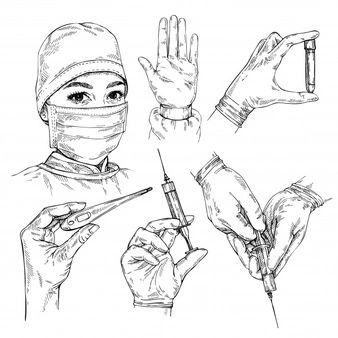a sketch of a doctor in scrubs and a face mask. there are also hand drawings of various medical equipment, including syringes and thermometers.  a vial is being held in a gloved hand. the doctor is preparing for a medical procedure.