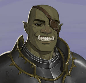 digital painting of a friendlylooking orc warrior. he is wearing dark grey plate armor with gold trim and an eyepatch over his right eye.  his expression is pleasant, and he's smiling, showing off prominent tusks. the background is a simple, muted purple. the style is reminiscent of fantasy rpg character art.