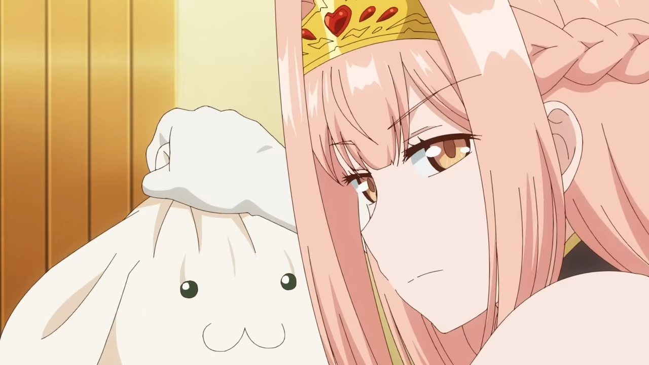 a digital illustration of a female anime character. she is looking to the left and holding a bag with a cute face on it in her right hand. the character has long, light pink hair, yellow eyes and wears a gold crown with red hearts on it. she's wearing a black tank top. the background is a light yellow.