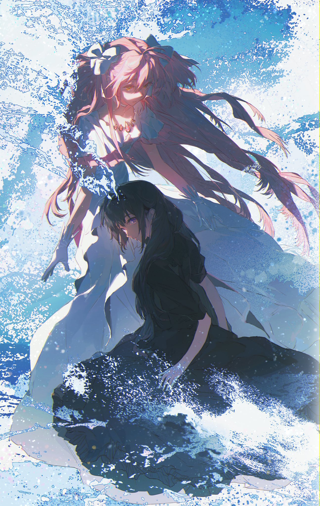 the image shows two anime girls in the ocean. the girl in the white dress has long pink hair and a white dress. the girl in the black dress has long black hair and a black dress. they are both surrounded by waves and water. the image is very colorful and vibrant and has a dreamy feel.