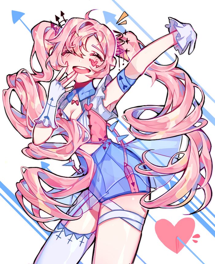 a pinkhaired anime girl with blue and white clothes is smiling cheerfully. she has a white glove on one hand and her hair is flowing in the wind. the image is digitally drawn with a vibrant color palette. there are hearts and arrows scattered around her, signifying love and affection.