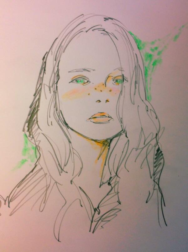the image is a simple yet expressive line drawing of a woman's face and shoulders, rendered primarily in black ink on a creamcolored background.  the woman has mediumlength hair parted to the side, falling loosely around her face. her features are delicately drawn, with a focus on her eyes and the subtle contours of her cheekbones.  a touch of green watercolor in the background, primarily behind and to the right of the figure, adds a splash of color and depth, contrasting with the minimalist linework. the overall effect is one of quiet introspection and subtle beauty.