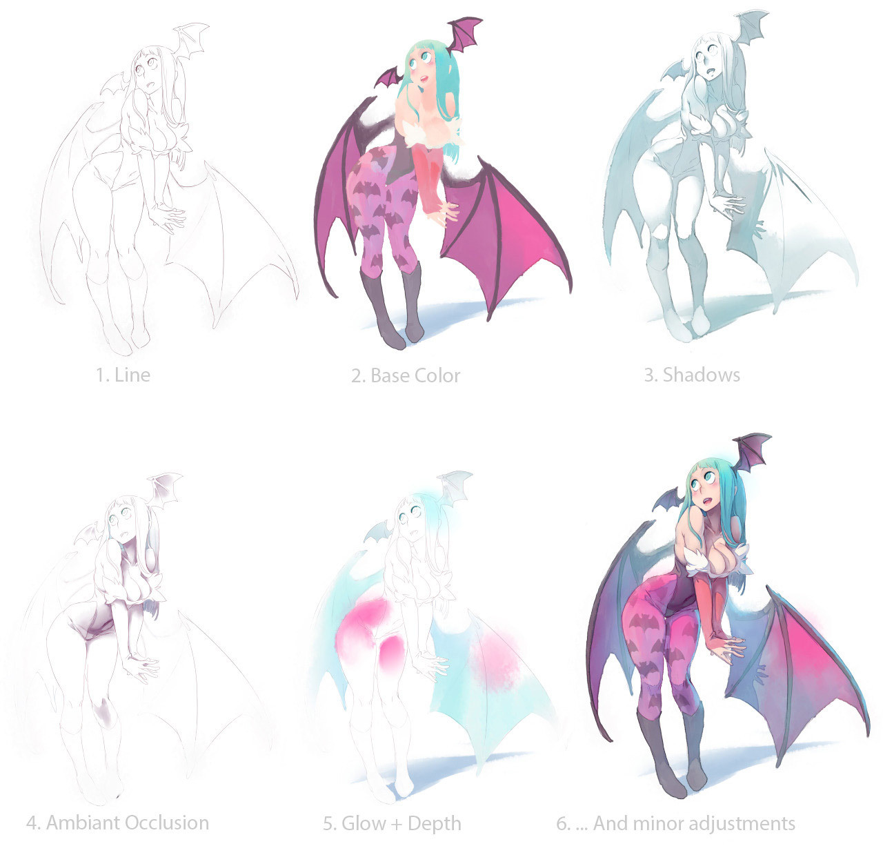 this image showcases the process of drawing a digital illustration of a female vampire character. the steps are organized from left to right, showing the progression from line art to the final piece: 1) line art, 2) base color, 3) shadows, 4) ambient occlusion, 5) glow + depth, and 6) and minor adjustments. the illustration features a cute and colorful vampire girl with bat wings, pink and blue clothing, and a charming smile.
