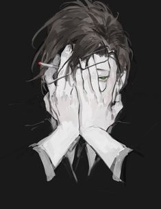 a stylized black and white portrait of a man with dark hair obscuring his face with his hands. he appears to be smoking a cigarette with a red ember. he is wearing a white dress shirt and a black tie. the background is black.  the lighting is high contrast, emphasizing the shadows on his face and hands. the perspective is frontal, giving the viewer a direct and intimate view of the subject's emotional state.
