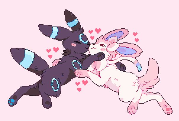 a digital art illustration of two pokémon hugging and kissing each other on a pink background. the pokémon on the left is black with blue accents, and the pokémon on the right is white with pink and blue accents. there are also several pink hearts in the background.