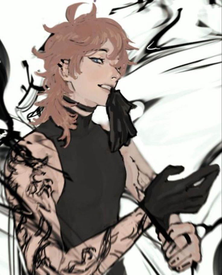 the image is a stylized digital drawing or painting of a male anime character. he has long, light pink or peachcolored hair, and he's wearing a black sleeveless top and black gloves. his arms are adorned with intricate, darkcolored tattoos. his expression is a serious yet slightly smirking one. the background is a chaotic swirl of black and white, adding to the dramatic and edgy mood. the art style is reminiscent of manga or anime, but with a more painterly and expressive approach.  the overall aesthetic is dark, cool, and stylish.