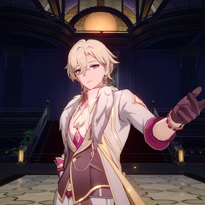 the image shows a male anime character with blonde hair and purple eyes. he is wearing a white coat with a fur collar, a pink shirt, and black gloves. he is also wearing gold jewelry around his neck and on his fingers. he is standing in a room with a large staircase in the background. the character is looking at the camera.