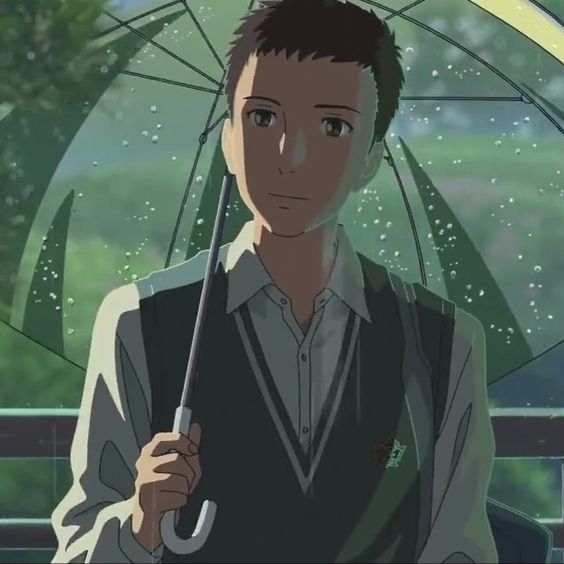 an animestyle drawing of a young man in a school uniform sitting by a window as rain falls outside. he has short brown hair and brown eyes and is holding a green, transparent umbrella in his right hand. the image evokes a sense of peace and quietude.  the color palette emphasizes muted greens and grays, contributing to the overall tranquil mood.