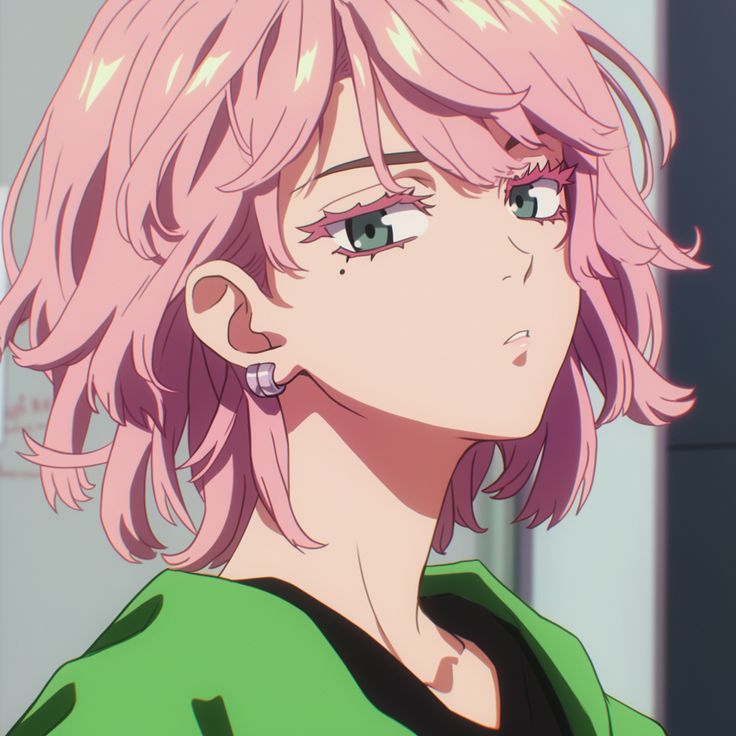 the image is a closeup illustration of an animestyle girl.  she has short, pink hair with subtle highlights, and is wearing a lime green jacket. her eyes are uniquely styled, with a slightly exaggerated design, and she has small, light purple earrings. her expression is somewhat serious or neutral, and she's looking slightly away from the viewer. the art style is very contemporary and leans toward a slightly stylized and more modern look within anime aesthetics. the background is blurred and out of focus, drawing attention to the girl.  the overall color palette is soft and pastel.