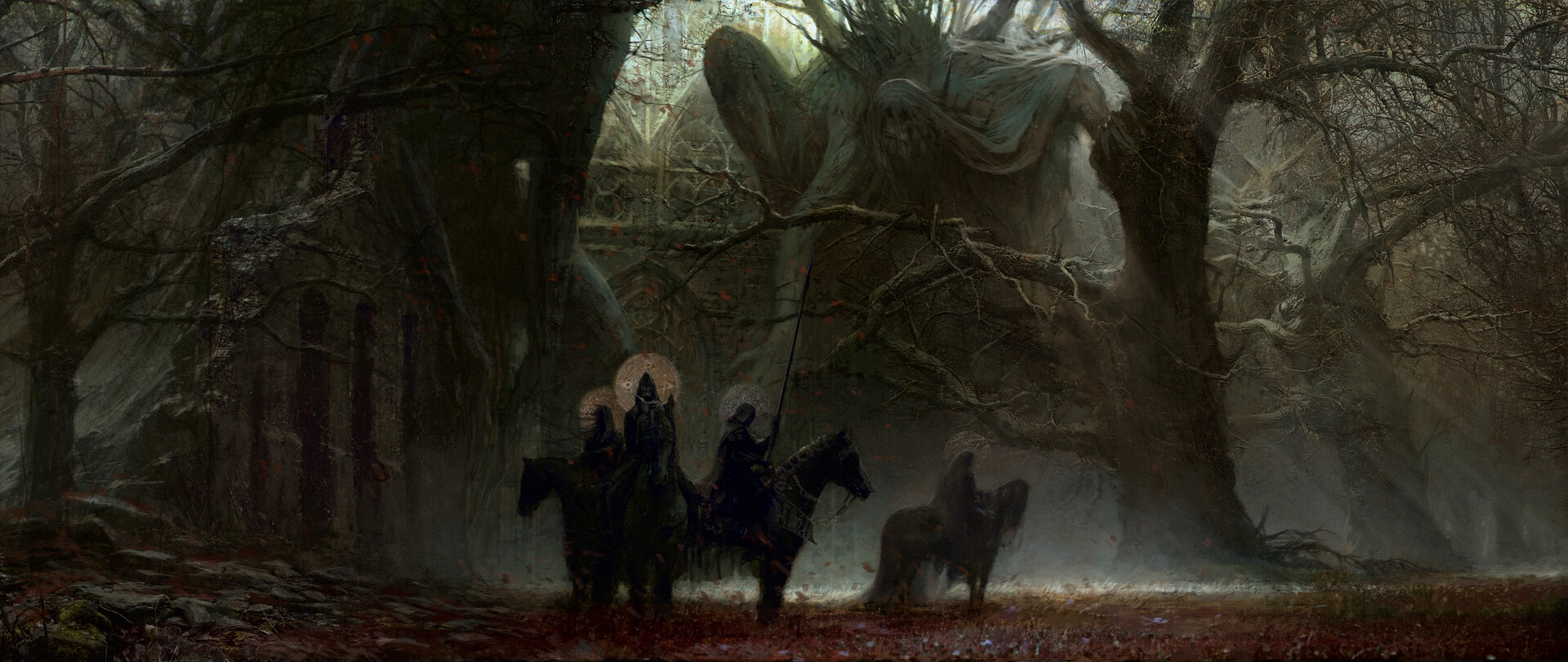 four horsemen on horseback stand in a dimly lit, misty forest. they are clad in dark armor and appear to be approaching a towering, ancient statue partially hidden by the trees. the statue depicts a robed figure, its features obscured by time and vegetation. the overall atmosphere is one of mystery and foreboding, with the decaying ruins hinting at a lost civilization reclaimed by nature.