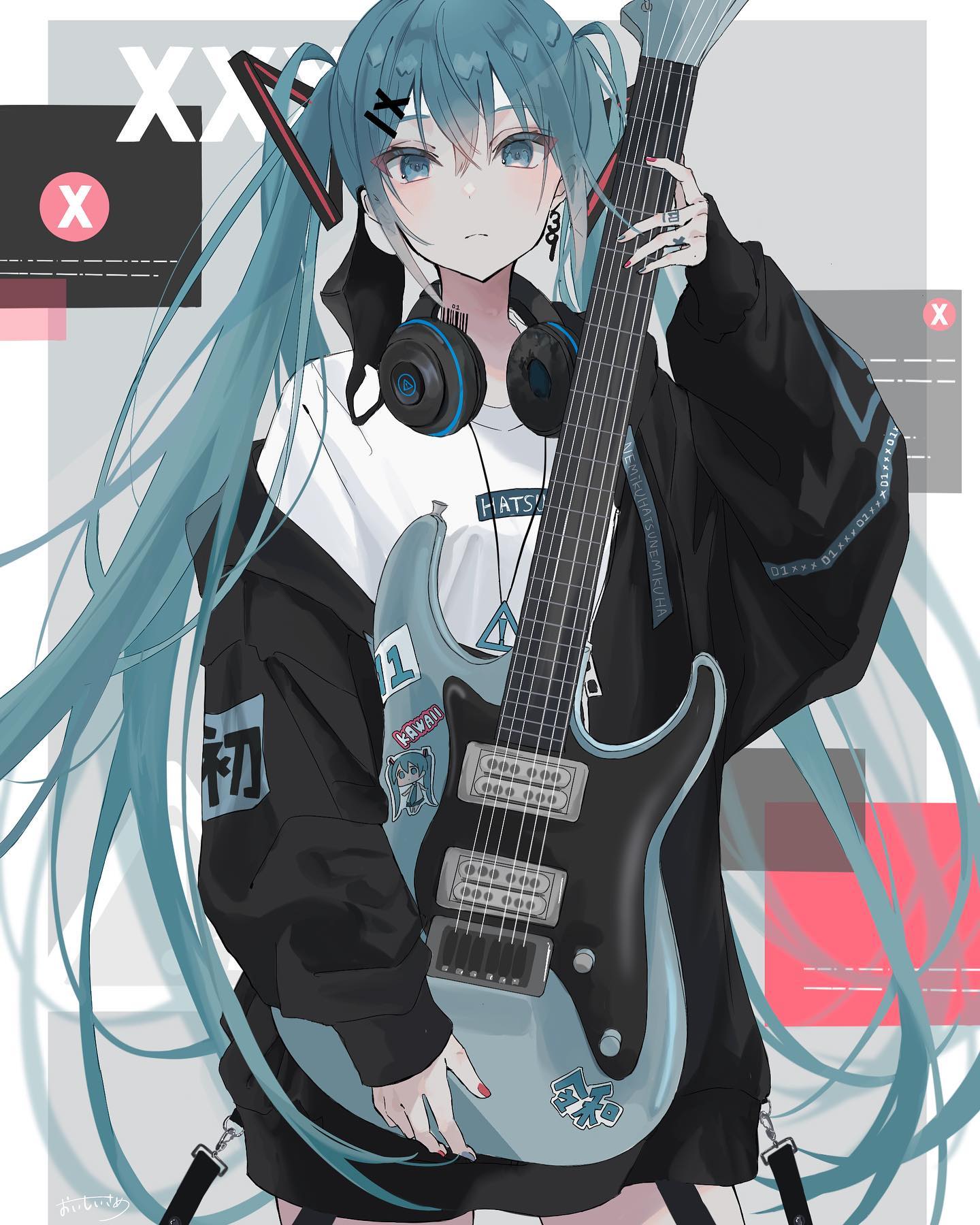 the image is a digital drawing of an anime girl, strongly resembling hatsune miku, styled as a rock musician. she has long, teal twintails, is wearing a black jacket over a white shirt with graphic details, and black headphones around her neck. she's holding a light teal electric guitar adorned with stickers. the background features abstract geometric shapes in shades of grey and pink, and incorporates the letter x multiple times. the overall style is a mix of kawaii and street fashion aesthetics.  the art is clean, wellexecuted, and showcases vibrant color and detail.