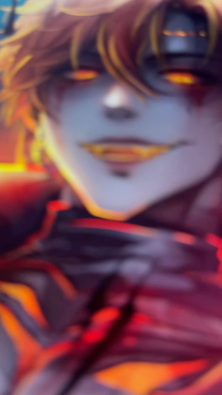the image is a stylized digital painting or fanart of an anime character. the character has fiery orange and red hair, and their face is partially obscured by a blur effect. they have intense, glowing orange eyes and a smirk, giving them a mysterious and somewhat sinister appearance.  the colors are rich and dark, with textures that add to the overall abstract and dramatic feel of the piece. the clothing is partially visible and appears to be dark and possibly textured. the focus is on the character's face and upper body, with the background being blurry and indistinct. the overall style is highly stylized and suggestive of fantasy or fictional genres.