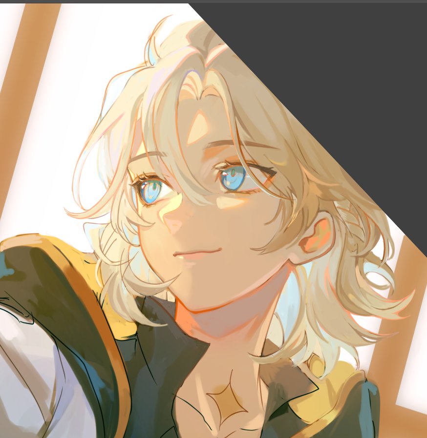 the illustration is a closeup portrait of a young anime girl with long blonde hair and blue eyes. she is smiling softly, with a gentle expression. she is wearing a dark shirt with a yellow collar and a white undershirt. the background is a light, warm color, and the light is coming from the left, highlighting the girl's features. the overall impression is one of warmth, happiness, and optimism.