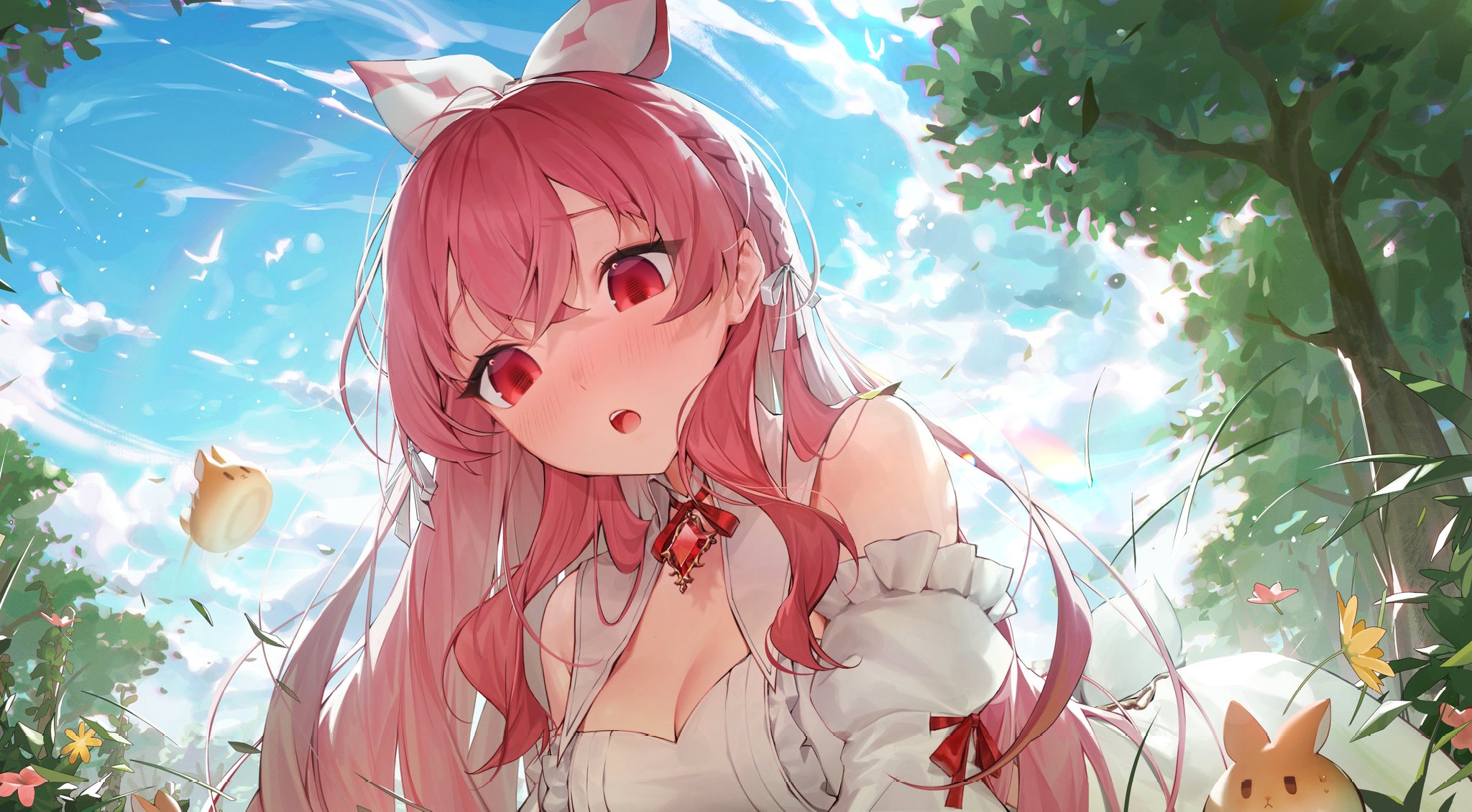 the image is a digital illustration of a cute anime girl with long pink hair and red eyes. she's wearing a white dress with a red bow and has a surprised expression on her face, with her cheeks slightly flushed. she appears to be standing in a grassy area with trees and flowers around her, and the sky is bright and sunny.  small, fluffy animallike creatures are also visible in the scene. the art style is soft and whimsical, with a focus on bright, pastel colors. the overall mood is cheerful and lighthearted.