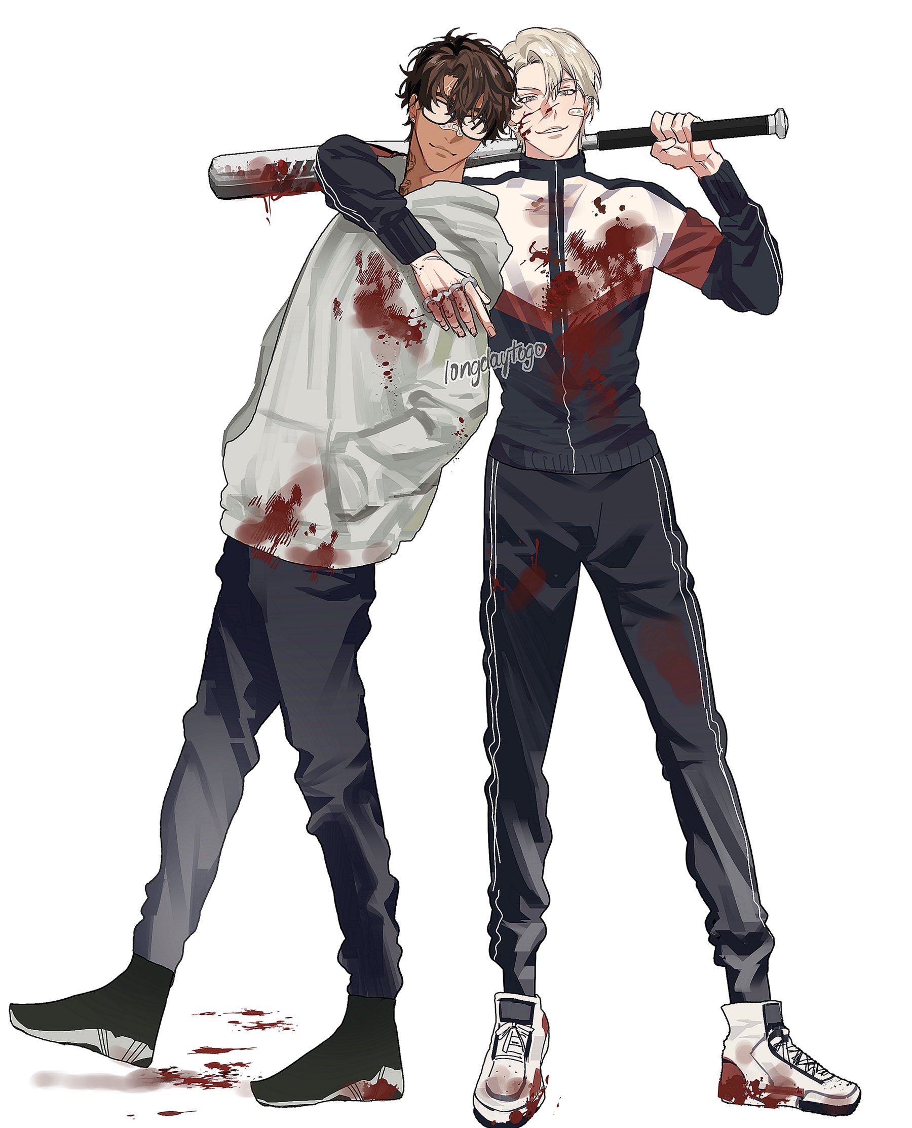 the image is a digital drawing or painting in an anime/manga style. it depicts two young men, one with brown hair and glasses and the other with blonde hair, standing together. both are covered in blood splatters, and they are holding a baseball bat between them. they are dressed in casual sportswear, and their poses suggest a recent violent encounter. the overall style is dark and intense.
