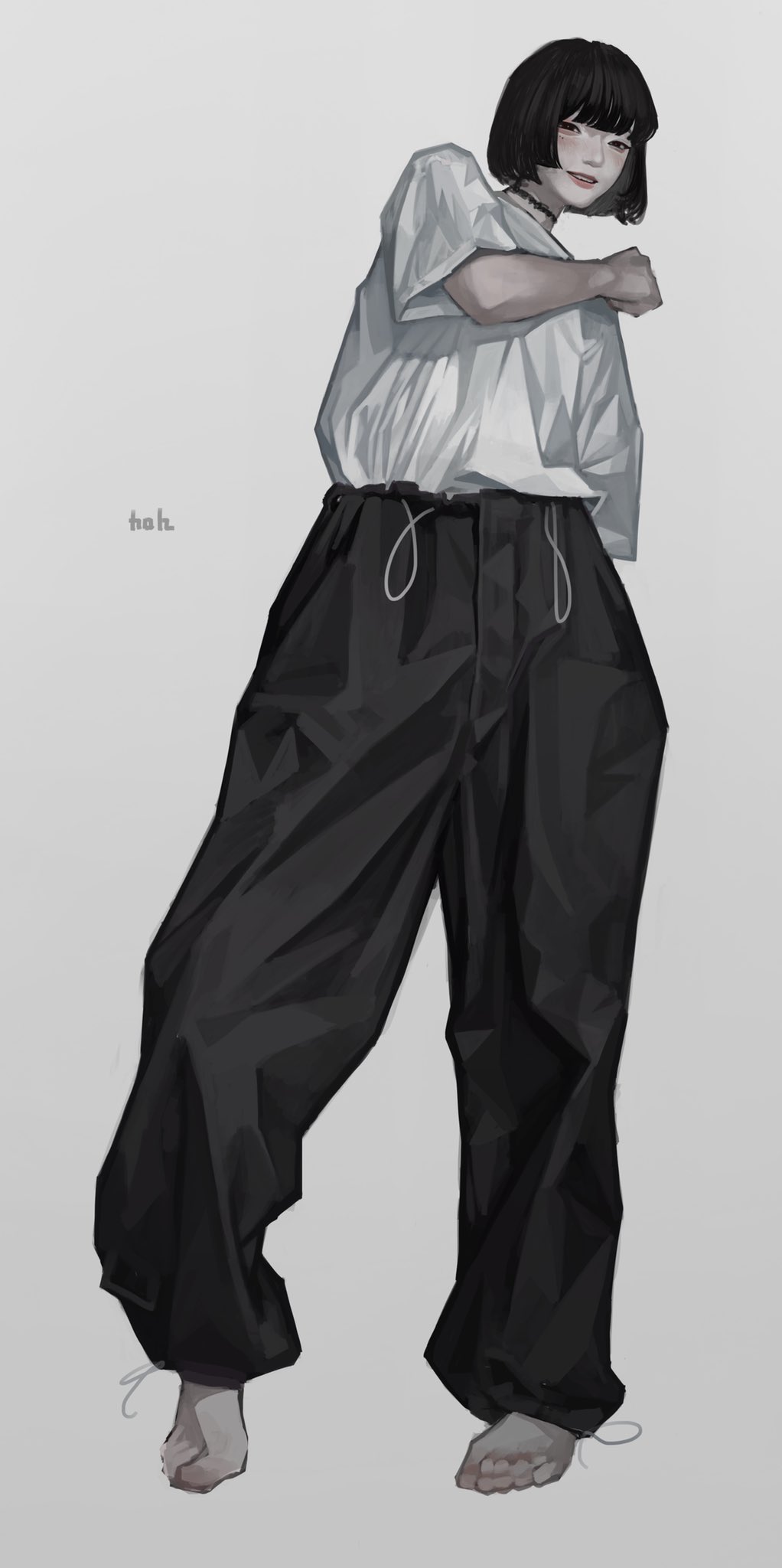 the image is a digital painting or illustration of a stylized anime girl. she is depicted standing with her body slightly turned, her left arm bent and close to her body.  she wears an oversized white tshirt and loose, baggy black pants. her hair is styled in a short, blunt bob. her feet are bare. the art style is minimalist with muted colors, primarily grays and blacks, focusing on the form and texture of the clothing. the background is a simple, light grey.  the overall aesthetic is casual and contemporary.