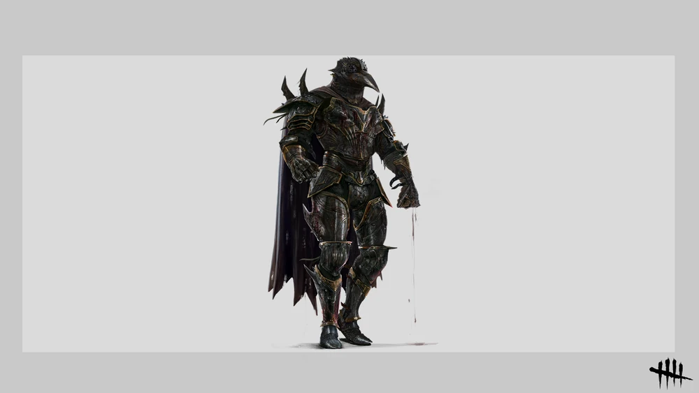 the image showcases a digital painting of a menacing knight clad in intricately designed black armor. the knight's most striking feature is a birdlike mask reminiscent of a plague doctor, adding an eerie and intimidating aura to the character. the armor, adorned with sharp edges and intricate details, hints at a dark and powerful presence. a long, flowing cape drapes behind the knight, further emphasizing their imposing stature. the overall aesthetic suggests a dark fantasy setting.