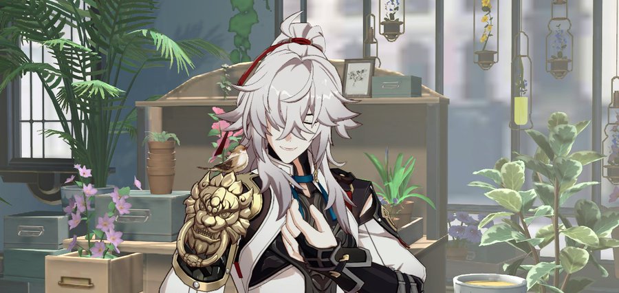 this is a digital illustration of an anime character, a male with white hair and blue eyes. he is wearing a white and black outfit with a gold shoulder armour. he is smiling and a bird is perched on his shoulder. in the background, there are potted plants, windows, shelves, and a desk. the room looks like a japanese house.