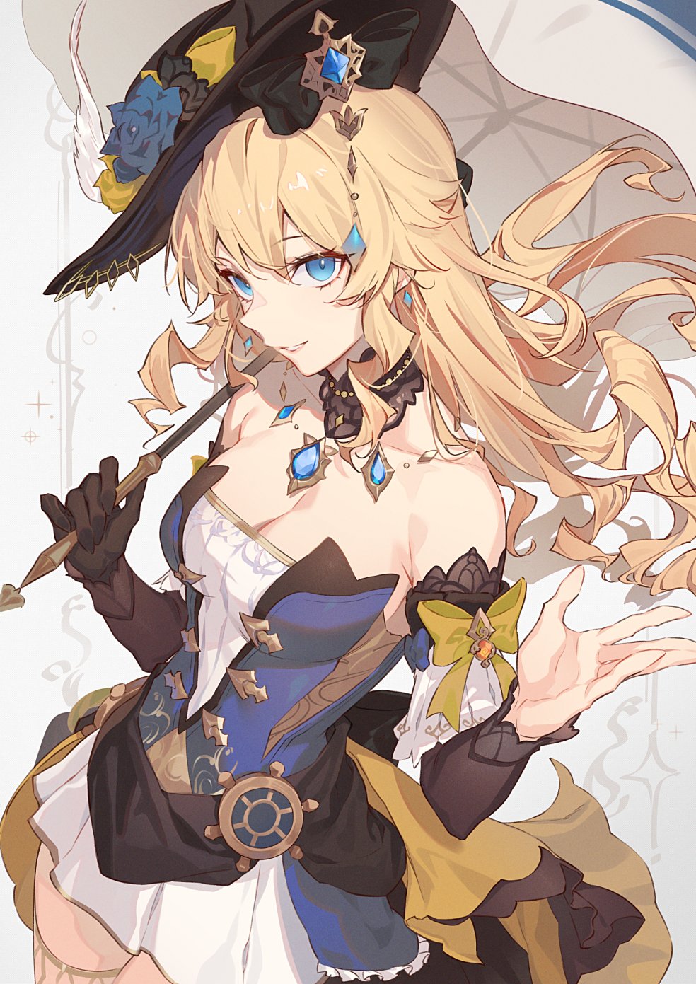 a digital illustration of an anime girl with blonde hair and blue eyes. she is wearing a black hat decorated with a blue flower, as well as a blue and white dress with gold accents. she has a necklace with blue gems. she is holding a parasol. the character appears to be navia from genshin impact.