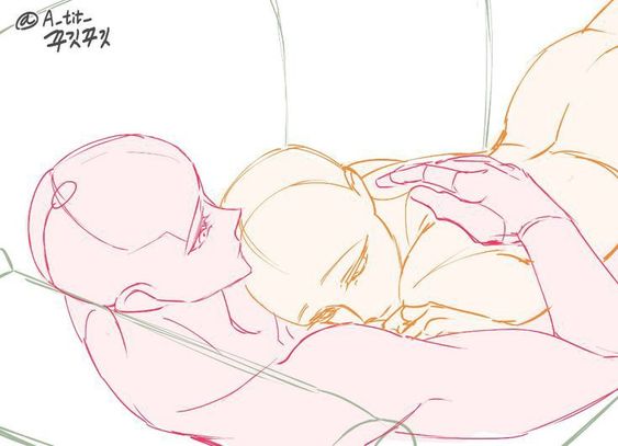 a sketch of two people laying down with one resting their head on the other's chest. the style is line art with some colored lines to indicate different portions of the figures.