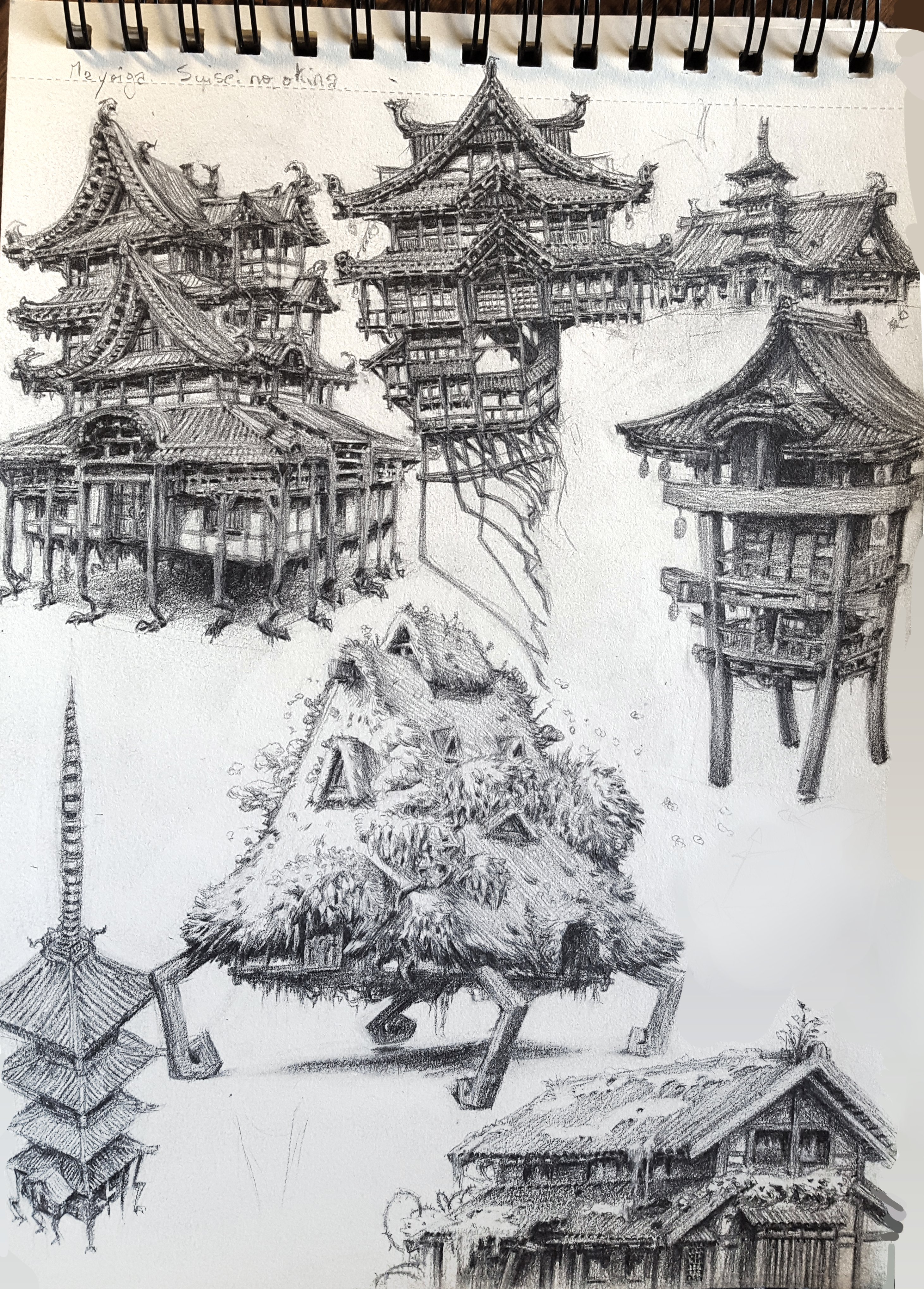 this is a page of concept art sketches for a fantasy project. most of the page is taken up with drawings of buildings in various states of repair. all the building appear to be in a swamp, and many of them are on stilts.  there are also sketches of a multilegged building resembling a monster, and a tall thin building like a watchtower. all the images are in shades of gray, as if drawn in pencil.  the artist has written "swamp dwellings" at the top of the page.