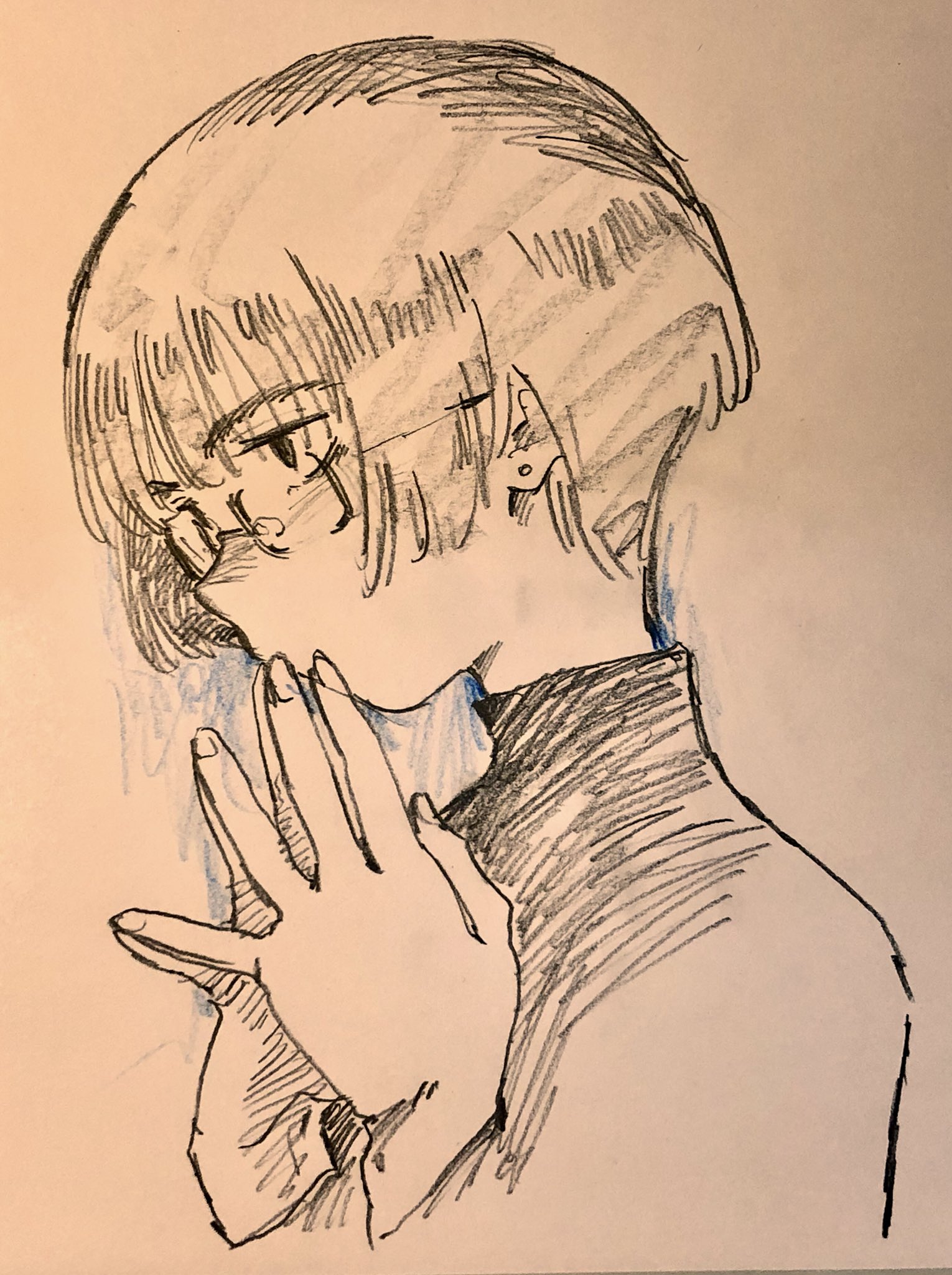 the image is a pencil sketch of a woman with short hair wearing glasses and a turtleneck. she is shown in profile, with her hands raised to her mouth as if she is thinking or feeling shy.  the drawing is done in a loose, sketchy style with some shading and crosshatching.  there is a hint of blue colored pencil used in the background.