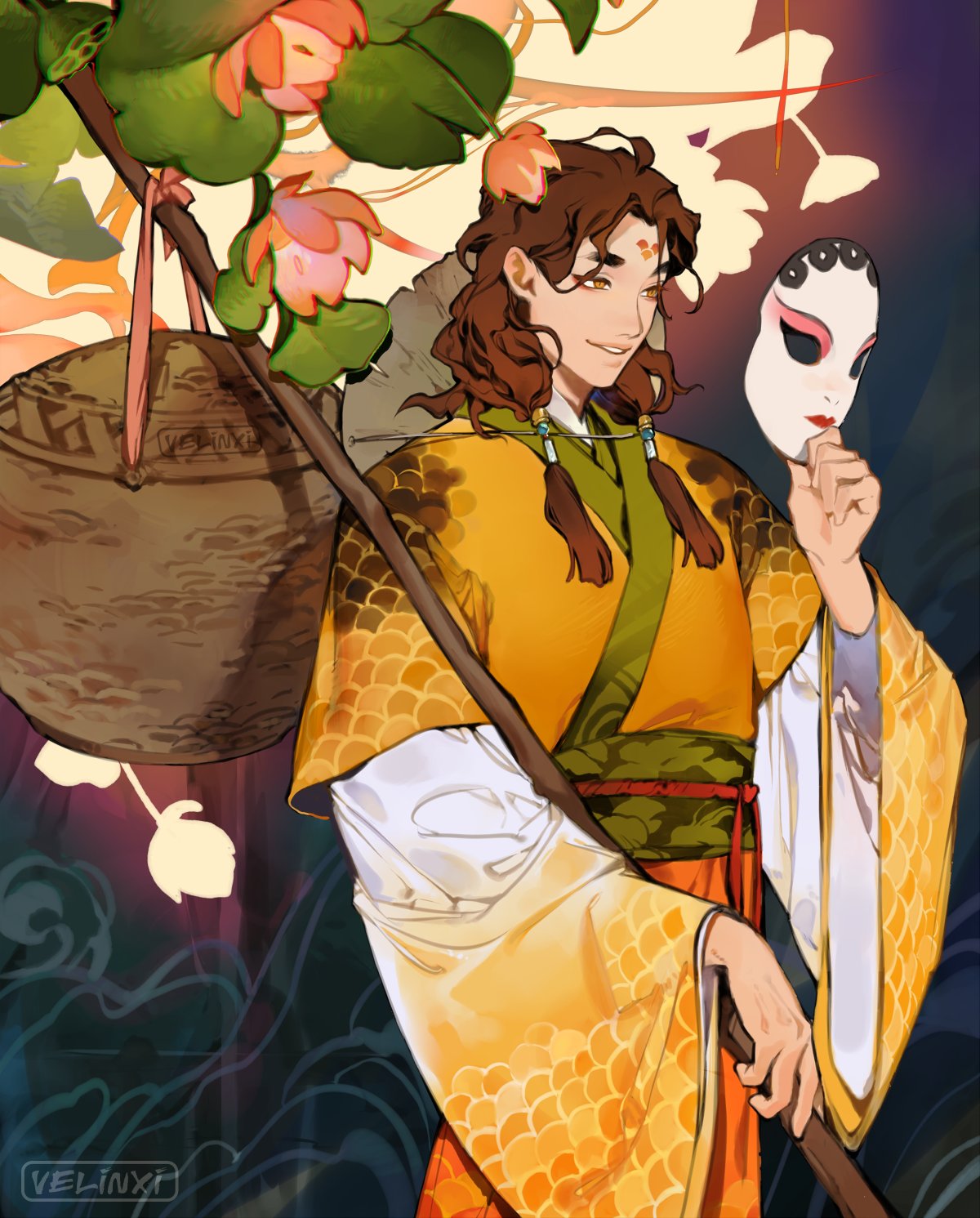 a digital art image features a man holding a mask, dressed in traditional clothing, surrounded by flowers. the man has brown hair styled in braids and curls and a yellow robe with a scale pattern. he is holding a white mask in his left hand, and a wooden staff in his right hand. a large brown sack hangs from the staff over his shoulder. the background features a blend of orange and purple hues with stylized cloud patterns and flowering branches overhead. the signature "velinxi" is visible in the bottom left corner.