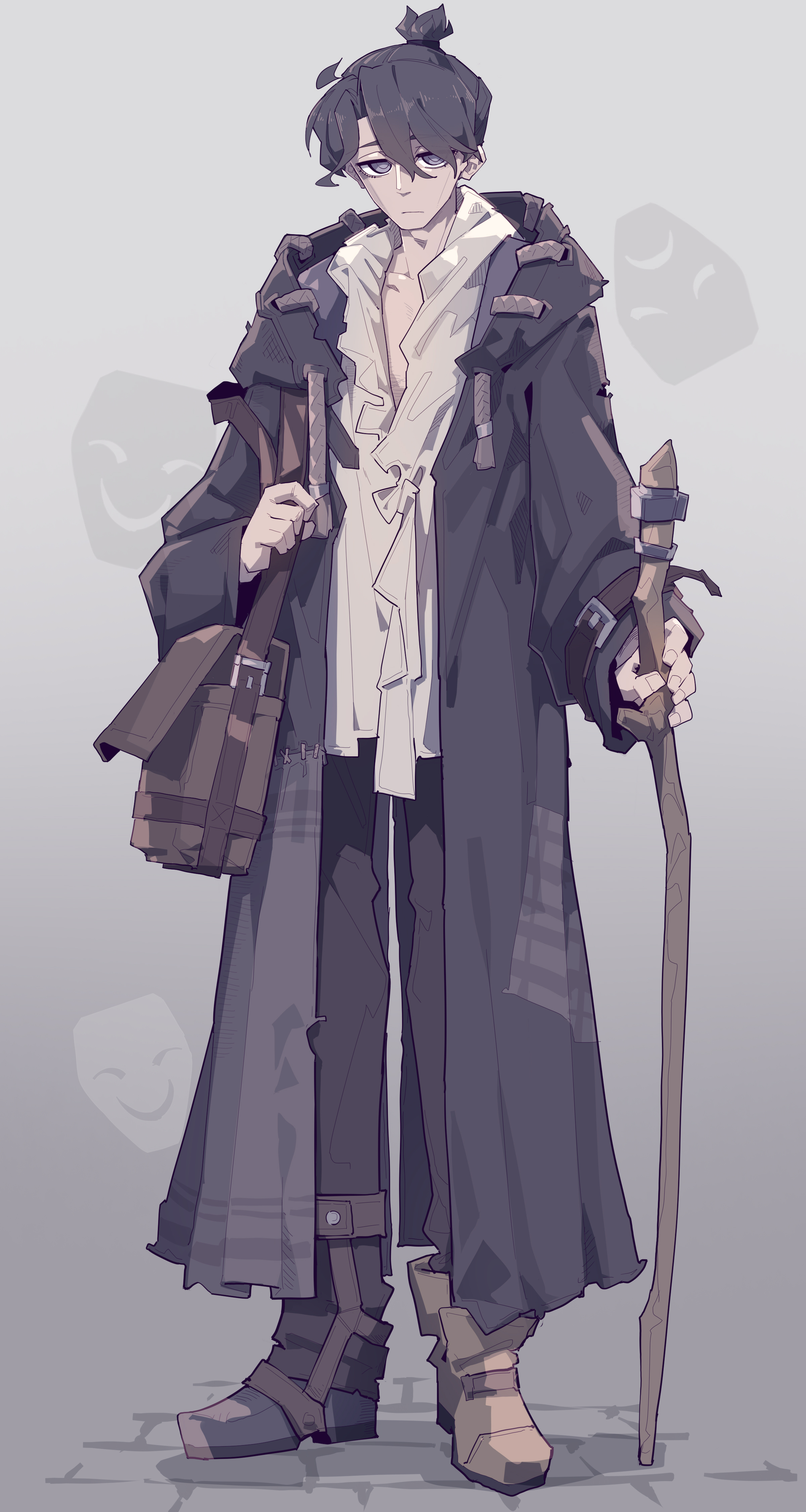 a fullbody animestyle illustration of a male character standing on a stonetiled surface. he has dark hair pulled back in a small bun, and he wears a long, dark coat over a white shirt with ruffles. he carries a brown bag over his shoulder and holds a wooden staff. he wears different colored boots and a shadow of a mask on the background.