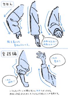 a drawing tutorial, in japanese, demonstrating how to draw a variety of arm poses, with a focus on the way sleeves fall on the arm. the top section showcases basic arm positions with sleeves, while the bottom section dives into a more complex pose, highlighting common mistakes and emphasizing the importance of understanding form.  the illustrations employ simple line work and light blue shading to depict the fabric.