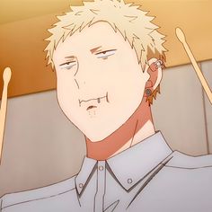 this is a closeup illustration of a young man with short, spiky blond hair. he has a bored expression on his face and is looking directly at the viewer. the man has several piercings in his ears and a small, thin object (possibly a toothpick) sticking out of his mouth. he is wearing a white, collared shirt. the overall color palette of the image is warm and muted, with a focus on peach, pink, and white tones.