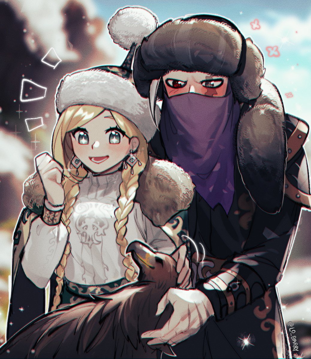 the image shows a cute anime couple in winter clothing. the girl is holding a falcon and looking happy. the boy is looking at the camera with a slight smirk. the image is drawn in a cute and romantic style.