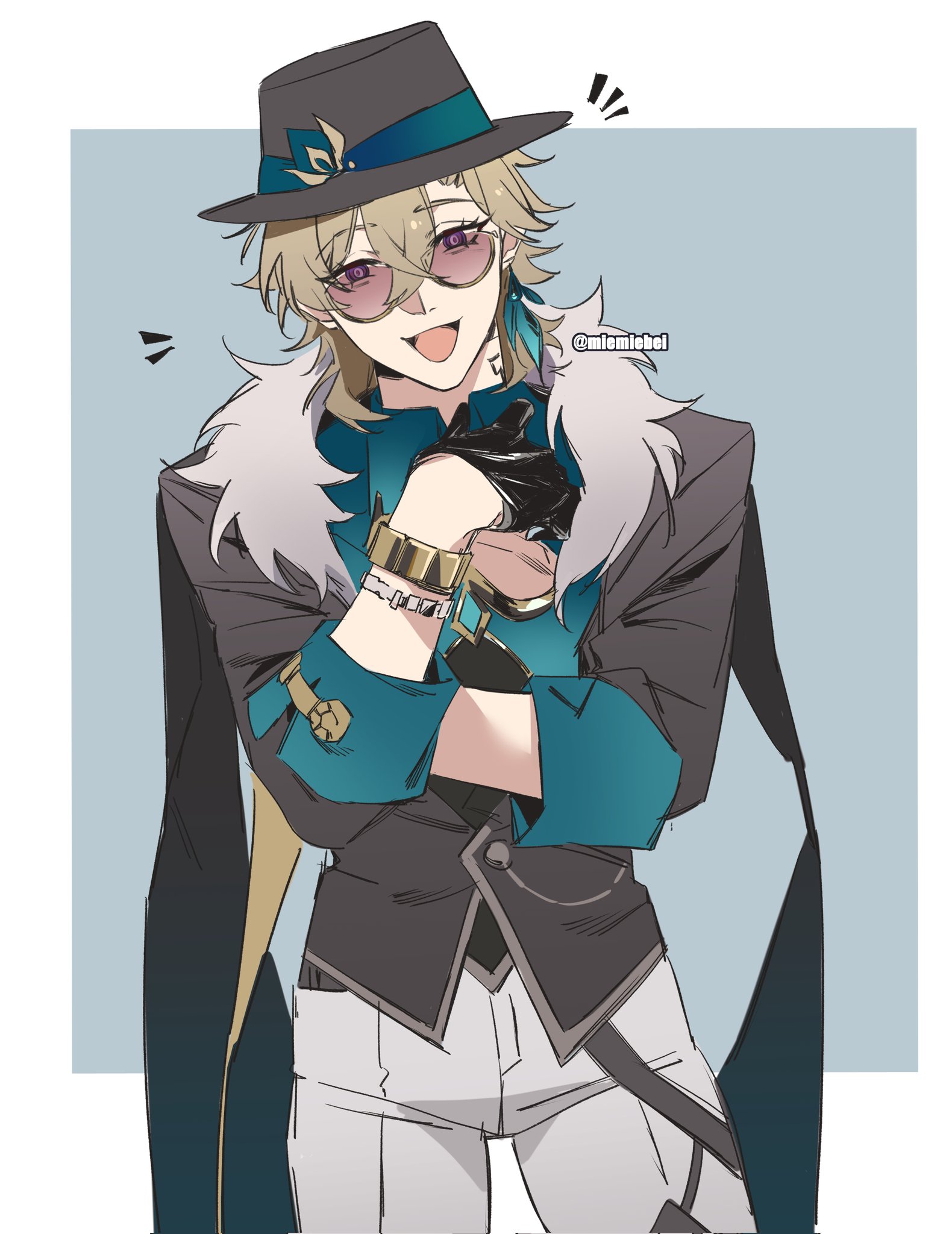 a digital art illustration of an anime male character with long blond hair. he is wearing a teal and black outfit and white pants,  a gray jacket with a furry collar, a fedora hat, black gloves, and round purple sunglasses. he's smiling brightly. his style is cool and elegant, resembling a gentleman. he is very stylish.