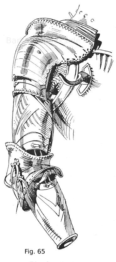the image is a detailed black and white illustration of a 16thcentury style arm harness, a type of armor. it showcases the intricate design and craftsmanship of the metal plates, buckles, and leather straps. the perspective is a side view, capturing the arm protection from shoulder to gauntlet.