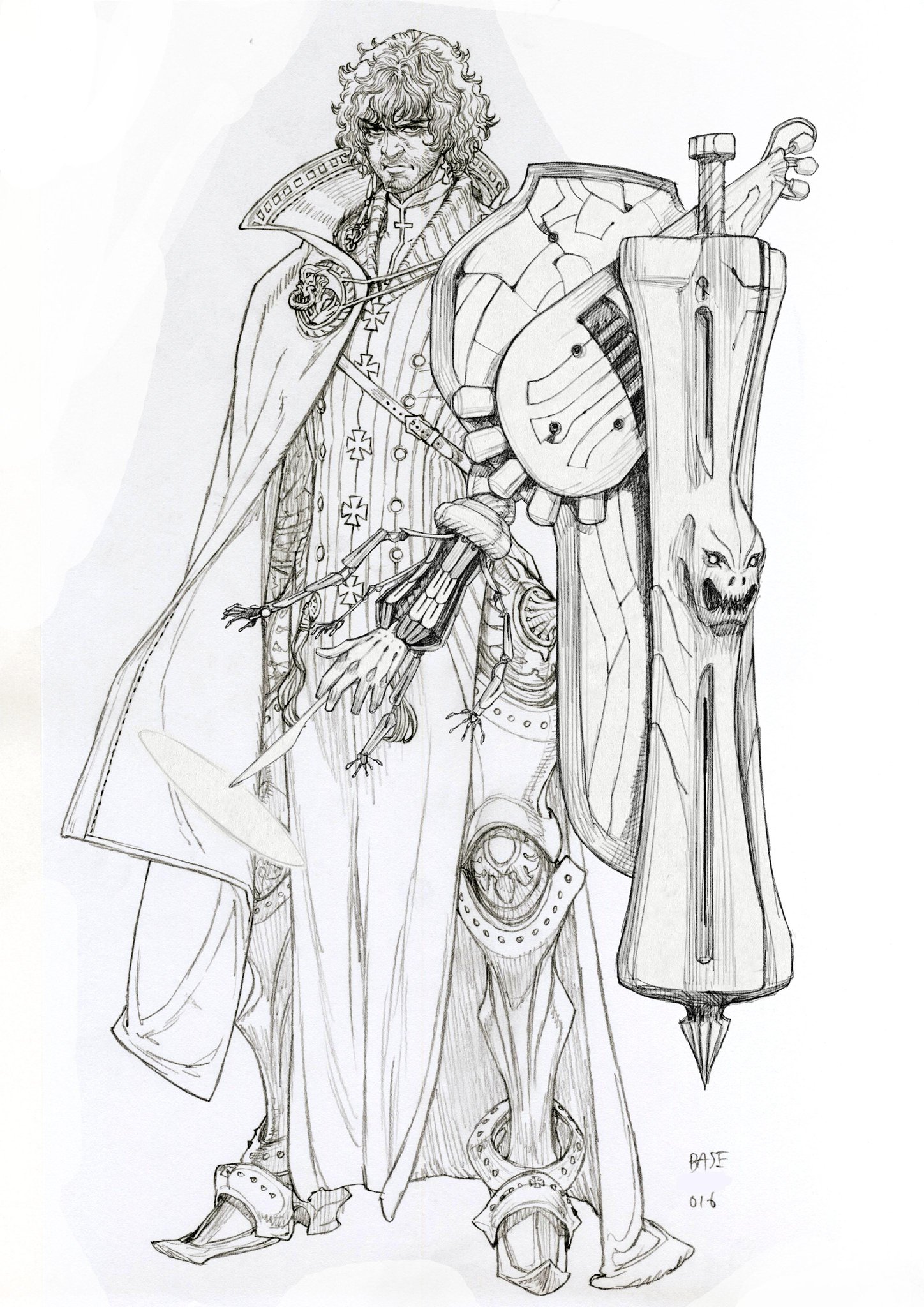 the image showcases a detailed pencil sketch of a male fantasy warrior. he wears ornate armor with mechanical elements, particularly on his right leg and arm. his sword, sheathed and attached to his back, doubles as a shield with a fearsome beast head design. a long cape drapes behind him, adding to his imposing presence. the character has a serious expression and curly hair framing his face.