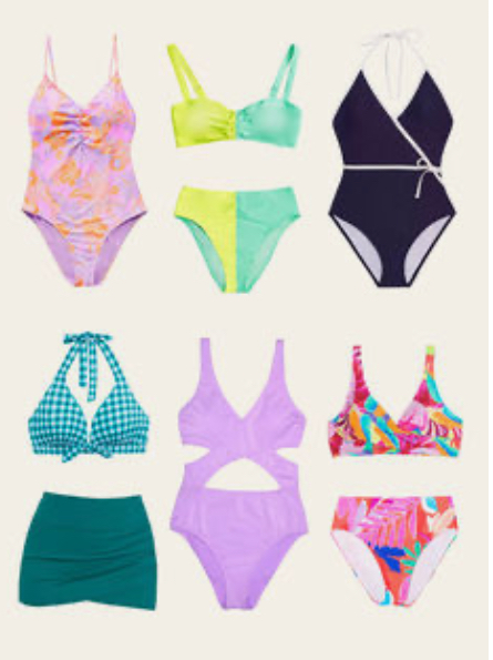the image displays a collection of nine swimsuits in various styles and colors, arranged in a grid pattern against a beige background. the swimsuits feature a mix of vibrant floral prints, solid colors, and different cuts including onepieces, bikinis, and tankinis.