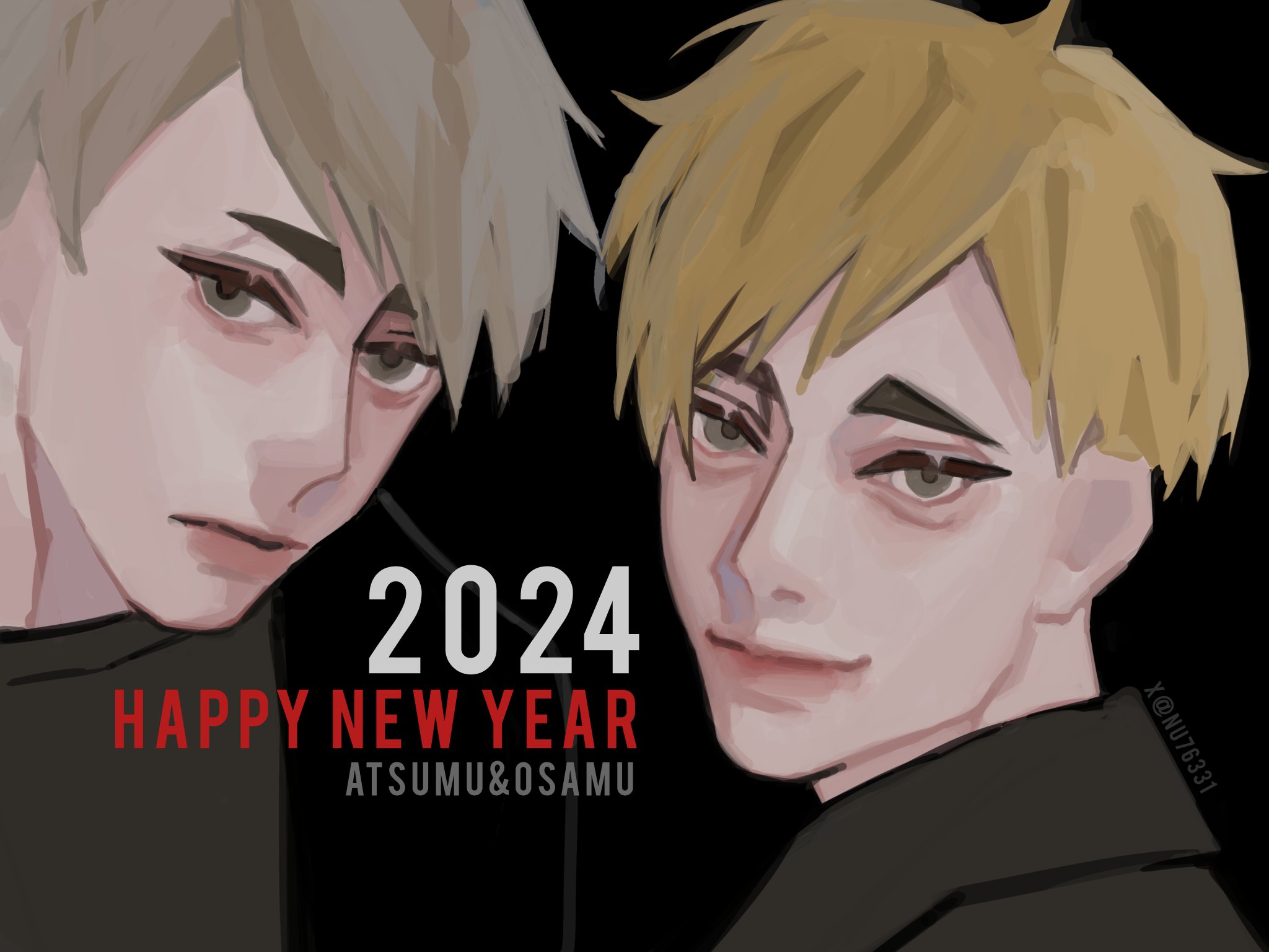 a digital illustration of two anime boys, atsumu and osamu miya from the anime series haikyuu!!,  wearing black shirts with their faces close to the camera. the year 2024 is written in bold red letters, with "happy new year" beneath it in smaller red letters. the words "atsumu&osamu" are also written in red beneath "happy new year". the background is a simple black.