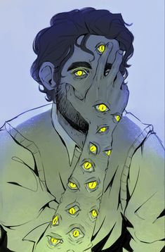 a man with dark hair and a beard is standing in front of a light blue background. he has multiple yellow eyes on his hand and is covering his face with it. the drawing style is illustrative and detailed, and the colors are vivid and contrast with the background. the image evokes a sense of mystery and surrealism, suggesting a supernatural or fantastical character.