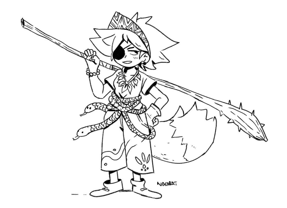 a line art drawing of a female warrior character. she has a single eye patch and wears a tribalinspired outfit, a snake wrapped around her waist and holding a sword in her hand. the drawing is in a black and white style.