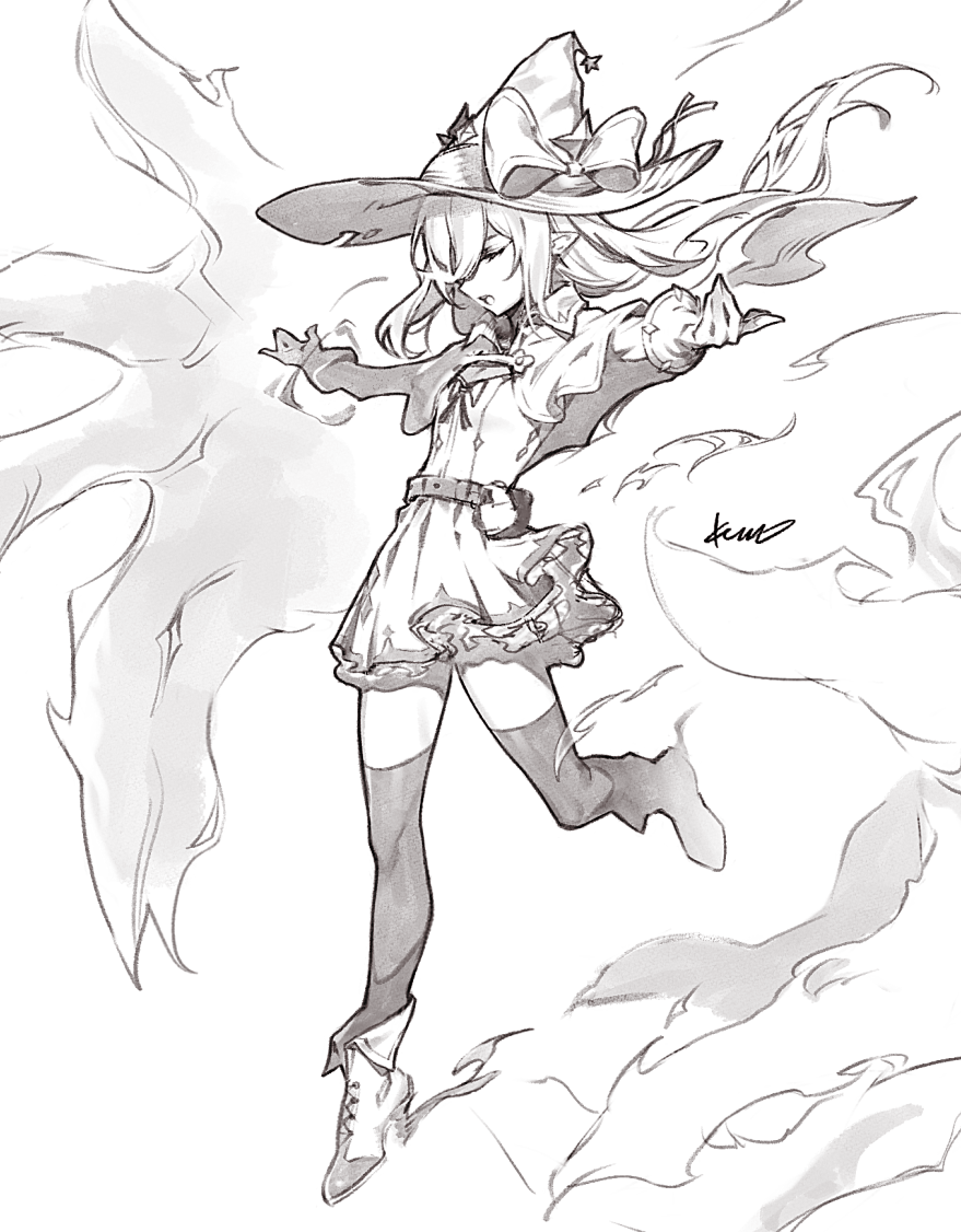 a sketchstyle illustration of a young witch in a dynamic pose, seemingly casting a spell. she's wearing a classic witch's hat with ribbons, a short dress, stockings, and pointed boots. ethereal, stylized smoke or magical effects surround her. the overall style is reminiscent of anime or manga.