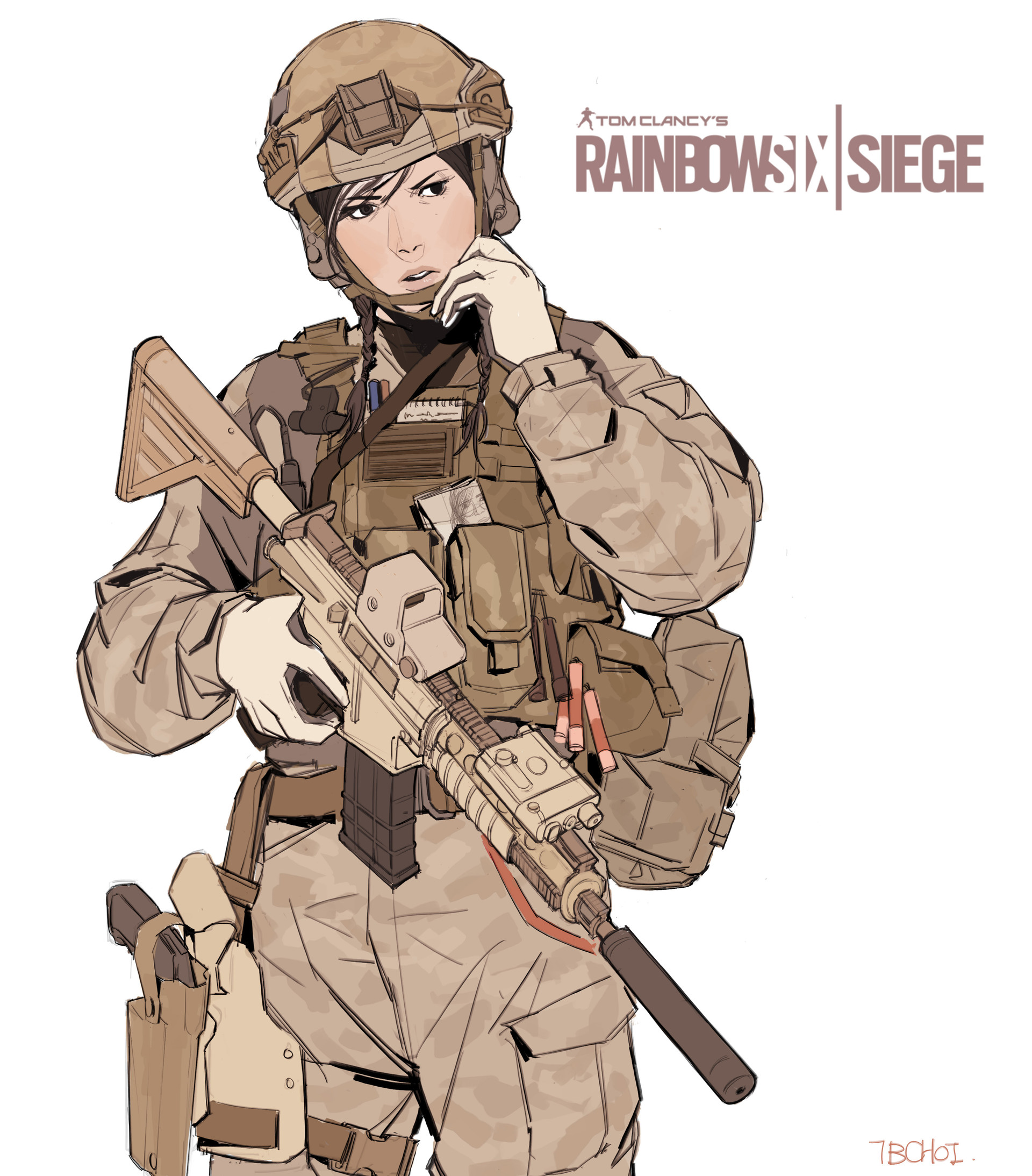 he image is a digital drawing of a female soldier from tom clancy's rainbow six siege. she is wearing a tan camouflage uniform, helmet, and tactical vest. she is holding a rifle and appears to be communicating via radio. the background is plain white, with the rainbow six siege logo prominently displayed. the style is semirealistic, with a focus on detail in the character's features and equipment. the overall mood is serious and professional.
