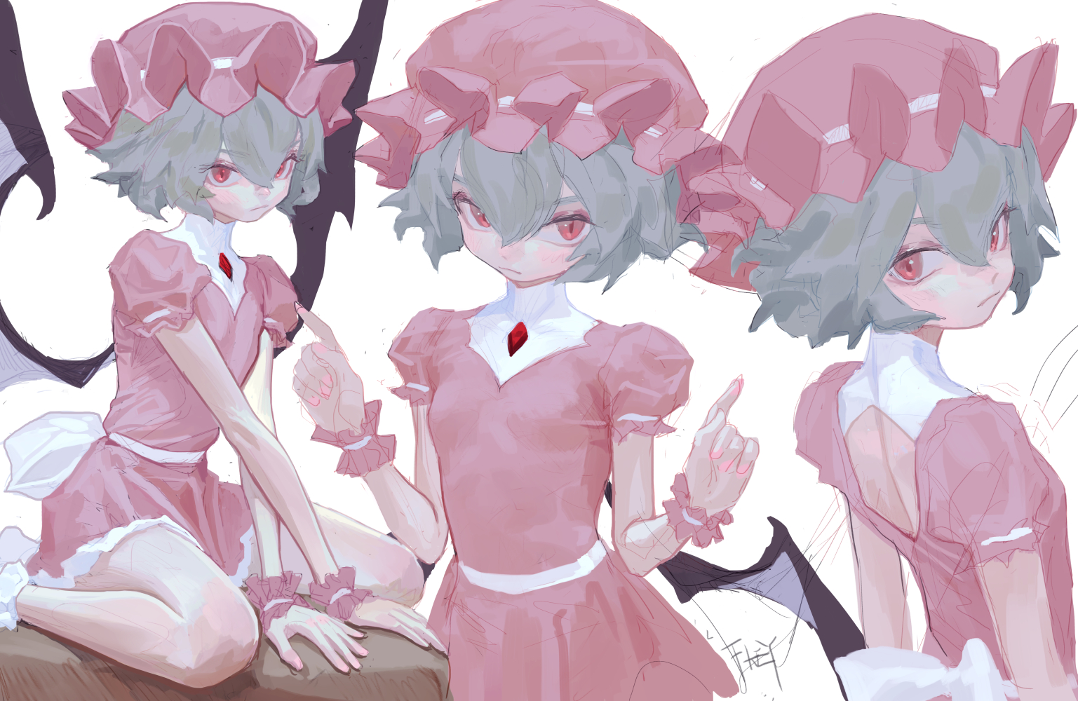 the image shows an animestyle illustration of flandre scarlet from the touhou project series. there are three depictions of the character. in the left image, she is seated on a surface, wearing a pink dress with frills and a matching hat. her skin is pale, and her eyes are red. vampire wings are subtly visible behind her. in the middle, she is standing and pointing her finger with one hand. on the right, a backfacing view showing her hat. the style of the artwork appears to be digital, with a soft color palette and a focus on delicate details.