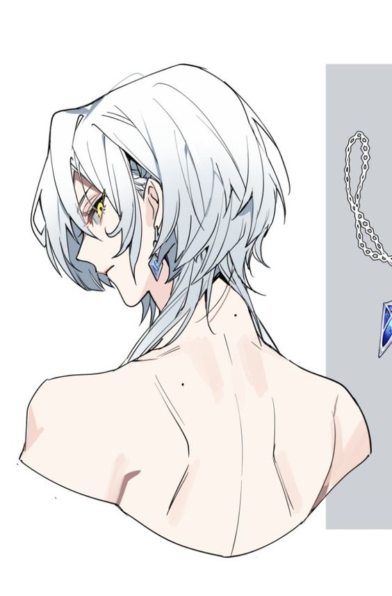 the image shows a digital sketch of a male character with white hair styled in a short, layered cut. the character is depicted from the back, with his head turned slightly to the left, offering a glimpse of his profile. he has sharp, angular features and wears a single earring with a blue gemstone. his back is bare, showcasing delicate musculature. a separate, smaller illustration to the right depicts a silver necklace with a blue, diamondshaped pendant.