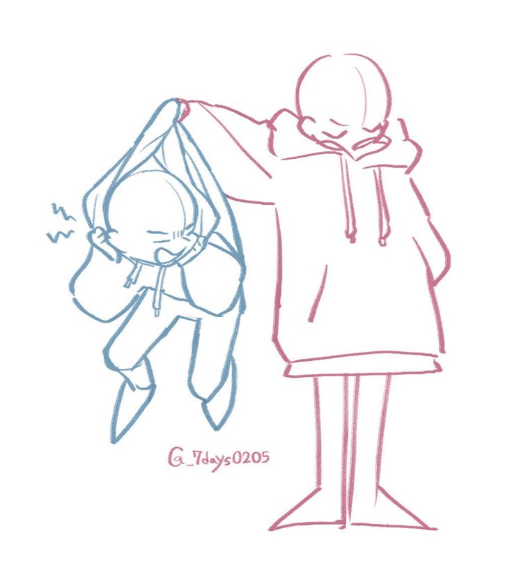 a sketch of two characters in a drawing pose. the character on the right is standing and holding the character on the left up by their jacket, the character on the left is laughing.