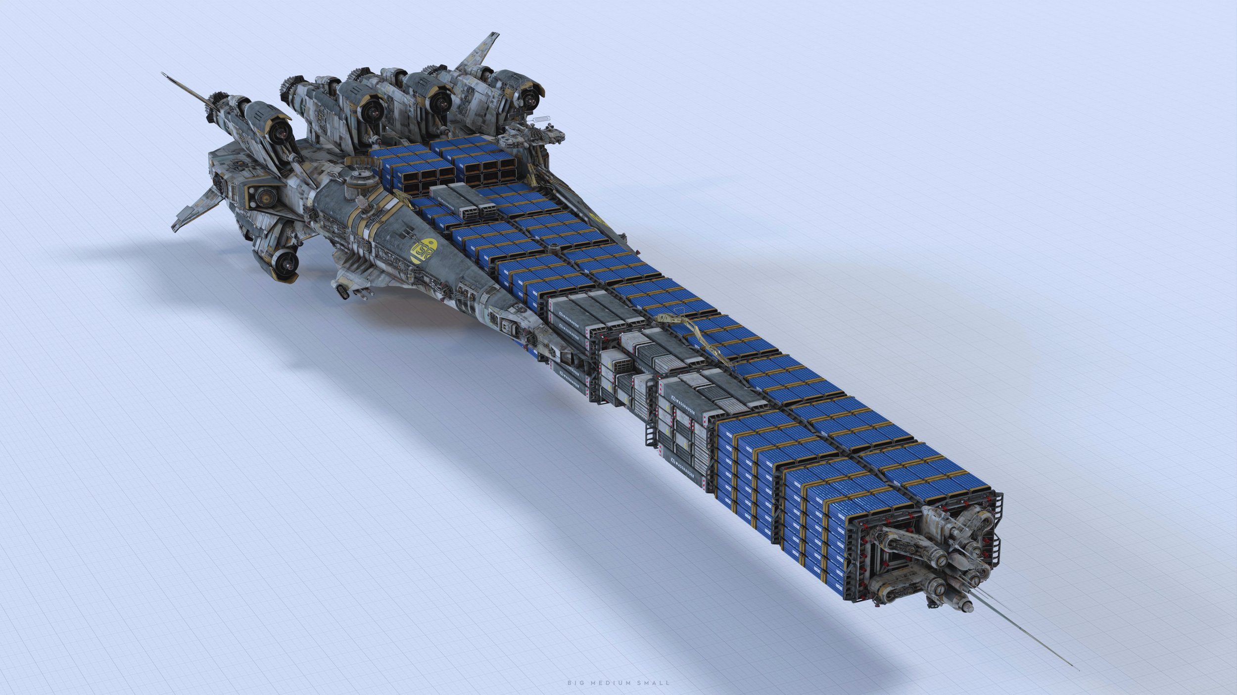 a highangle, full shot of a detailed 3d render of a futuristic cargo spaceship. the ship is long and slender, with a large number of blue containers stacked along its length. the front of the ship has a more traditional spaceship design, with engines and wings, while the rear is dominated by the cargo containers. the ship appears to be in space, against a plain white background. the image is highly detailed, with various textures and components visible on the spaceship. the overall design is sleek and futuristic, suggesting a high level of technological advancement.