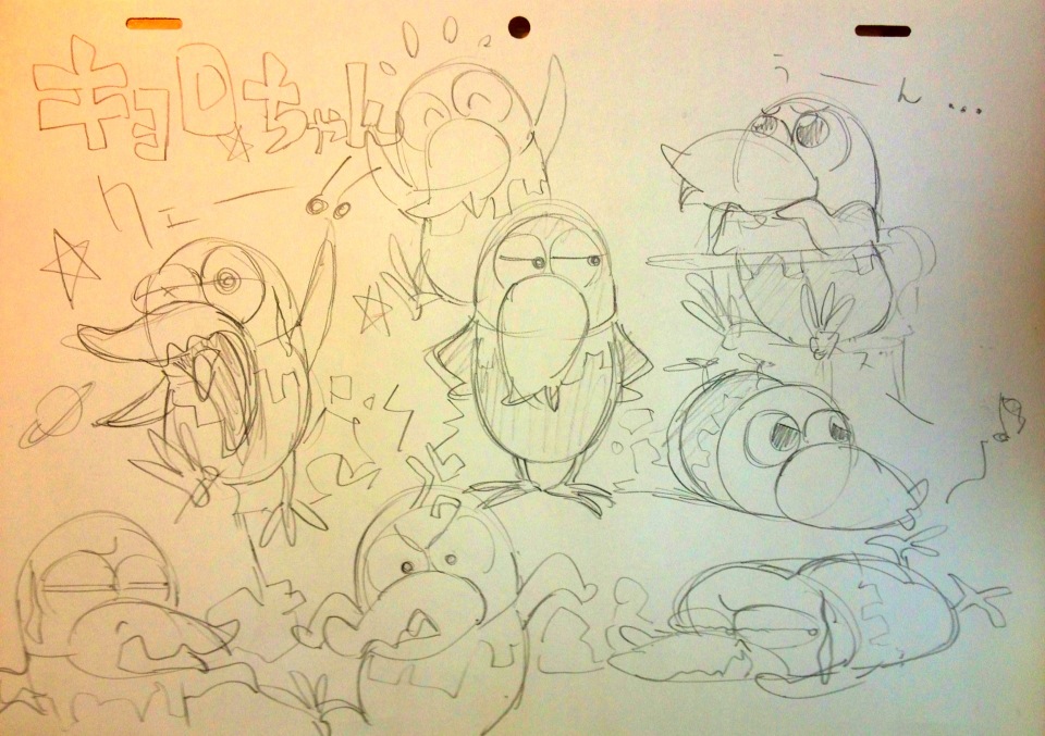 the image is a scannedin page of character sketches, likely for animation. it features a variety of stylized bird or penguinlike characters with exaggerated features and dynamic poses. they appear to be emoting a range of expressions, from shock to anger to confusion. the art style is loose and energetic, with quick lines and scribbles conveying movement and personality. there is japanese text at the top, potentially a title or sound effects.